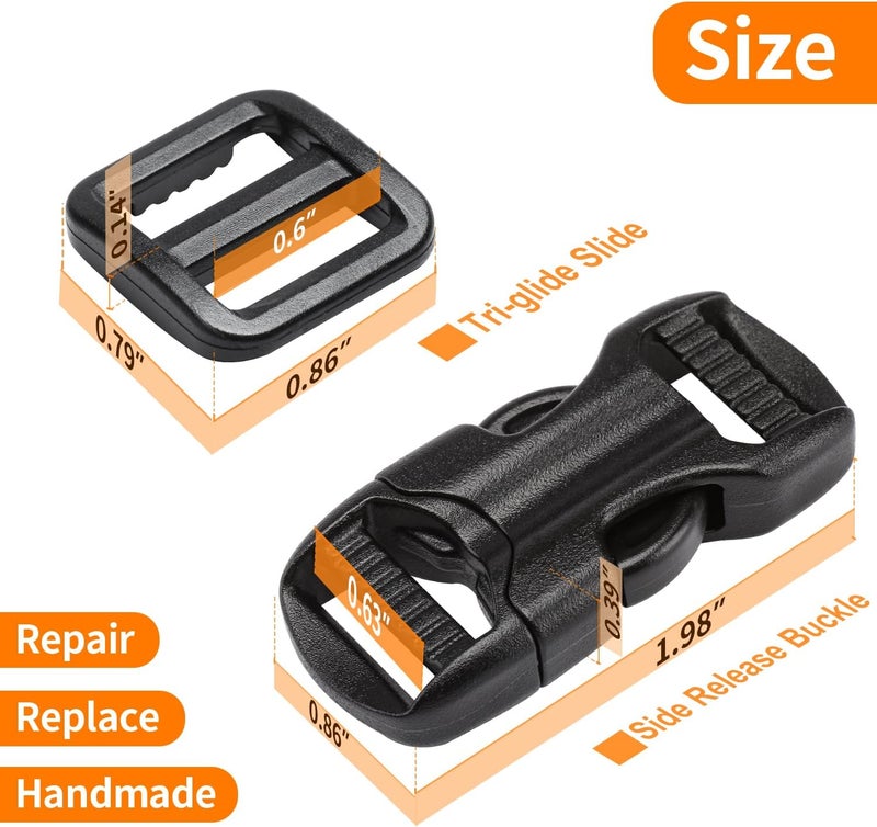 BEYOURD 5/8" Buckle and Strap Set: 6 Yards of Thick Nylon Webbing, 6 Pack Quick Side Release Adjustable Plastic Buckles, 12 Tri-Glide Slide Clips, Black (5/8 Inch Combo Set) - Image 5